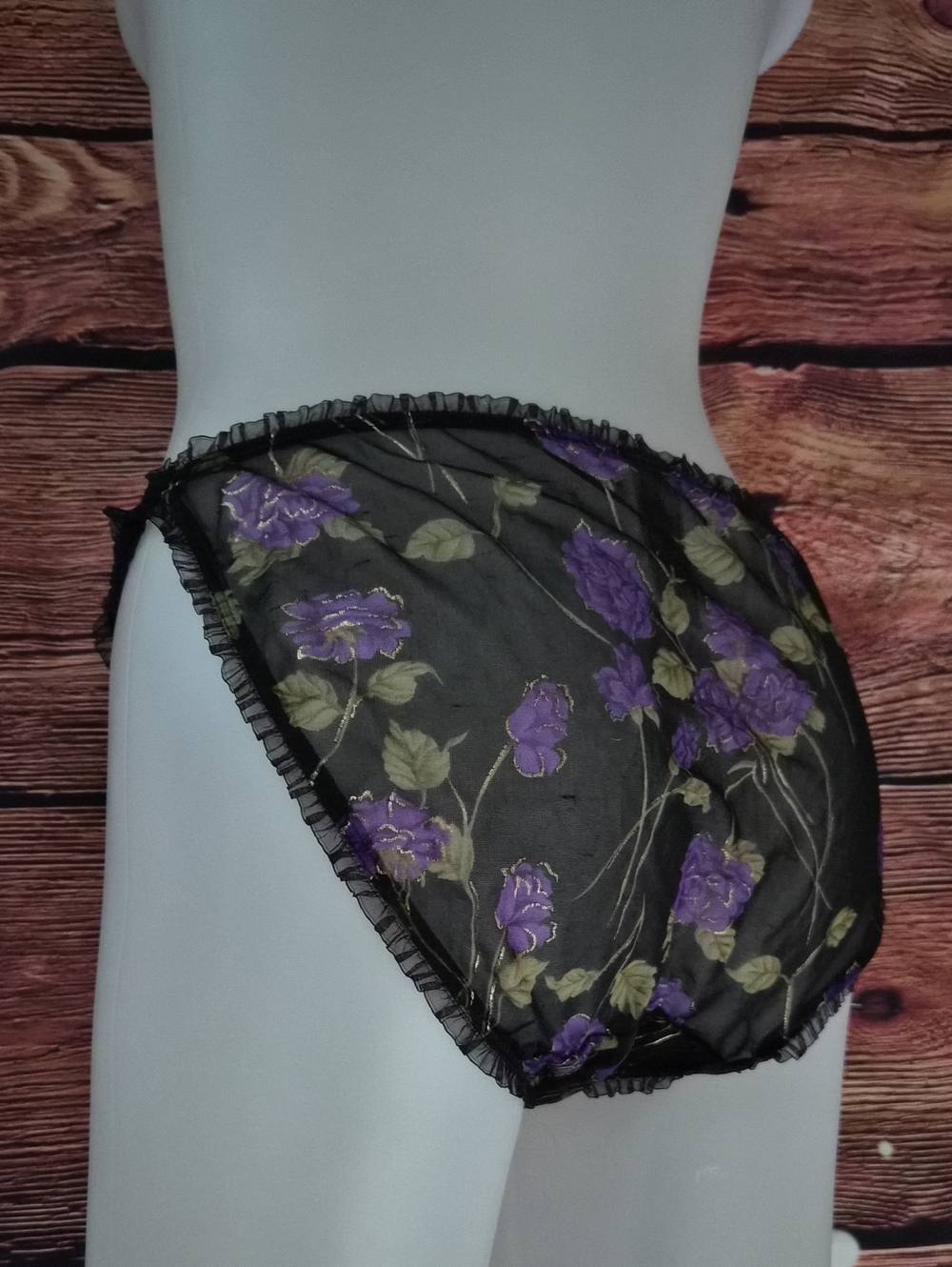 Sheer Floral Bikini Panty Black with Purple Roses Secret Treasures 8 XL Vintage